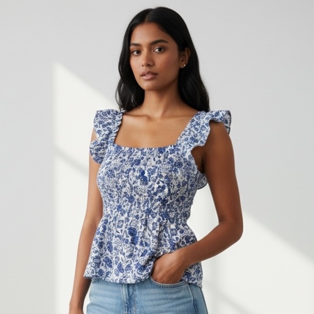 Old Navy White and Blue Floral Blouse